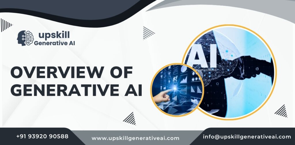 Overview of Generative AI – Upskill Generative AI banner featuring AI technology graphics, human-hand interaction, and contact details.