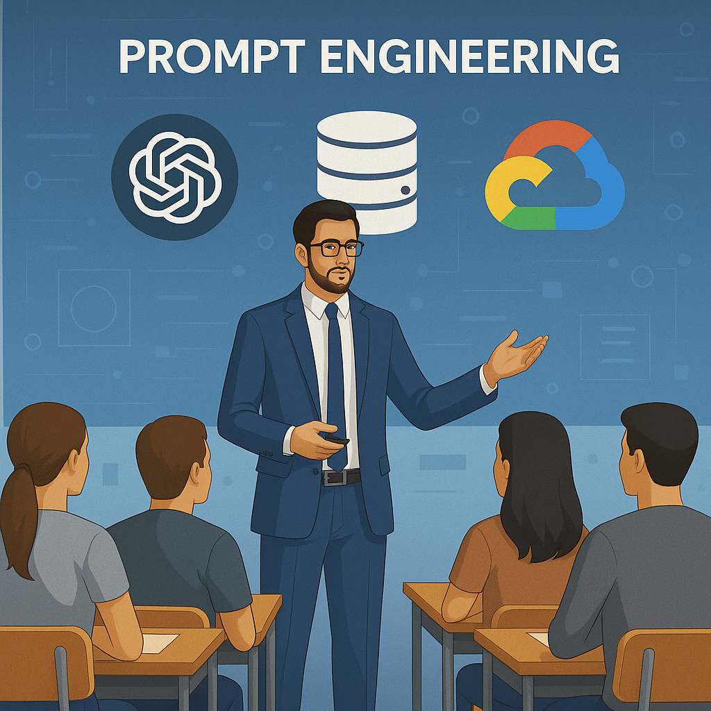 Instructor teaching prompt engineering to students with icons of ChatGPT, cloud tools, and databases on the screen – representing AI tools used in prompt engineering